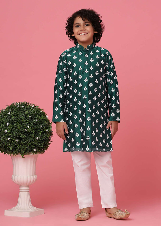 KALKI Rama Green Kurta Set With Threadwork For Boys