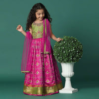 Kalki Rani Pink Embroidered Lehenga Blouse Set In Silk For Girls