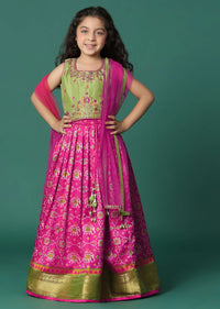 Kalki Rani Pink Embroidered Lehenga Blouse Set In Silk For Girls