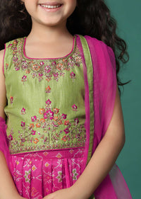 Kalki Rani Pink Embroidered Lehenga Blouse Set In Silk For Girls