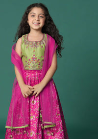 Kalki Rani Pink Embroidered Lehenga Blouse Set In Silk For Girls