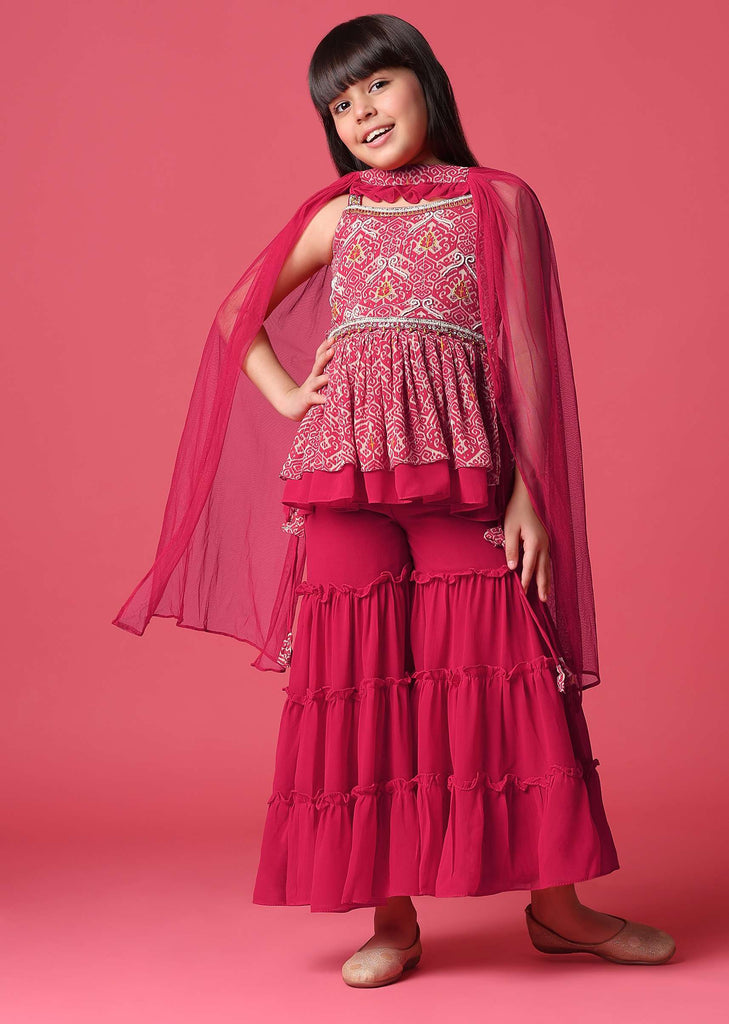 KALKI Rani Pink Embroidered Kurti And Sharara Set For Girls