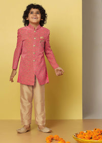 Kalki Red Sherwani Set In Velvet With Print And Sequins For Boys