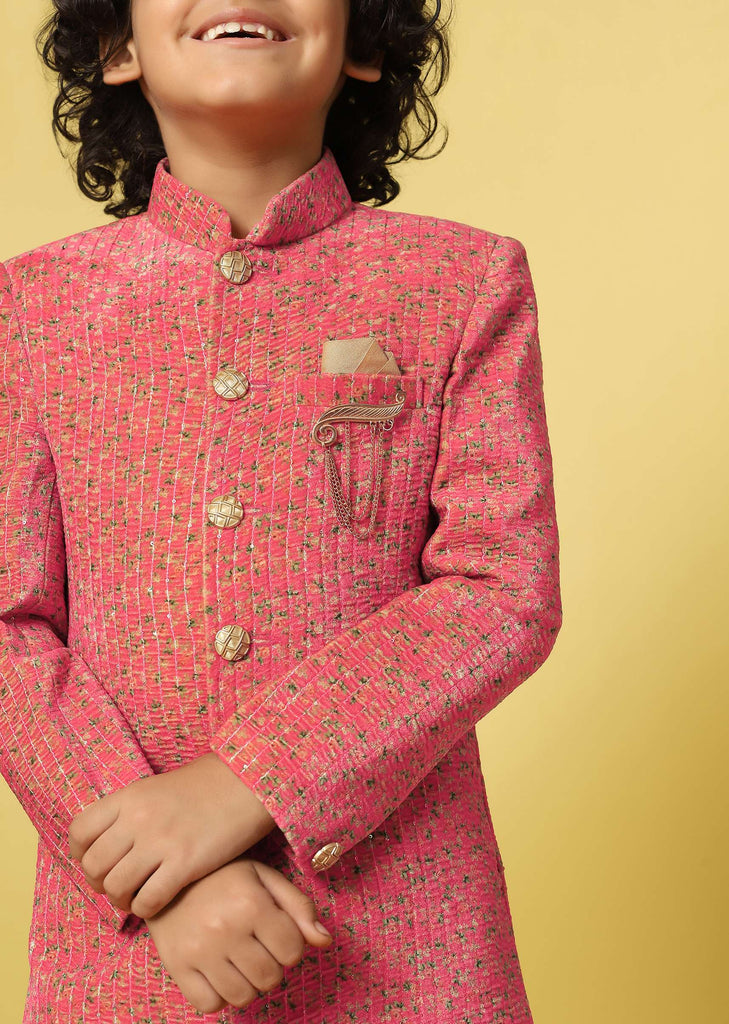 Kalki Red Sherwani Set In Velvet With Print And Sequins For Boys