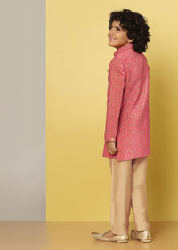 Kalki Red Sherwani Set In Velvet With Print And Sequins For Boys