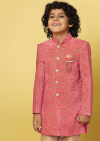 Kalki Red Sherwani Set In Velvet With Print And Sequins For Boys