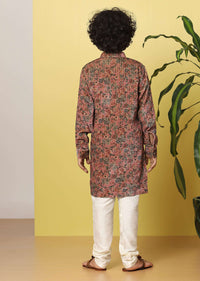 Kalki Rose Red Boys Kurta Set In Silk With Floral Print