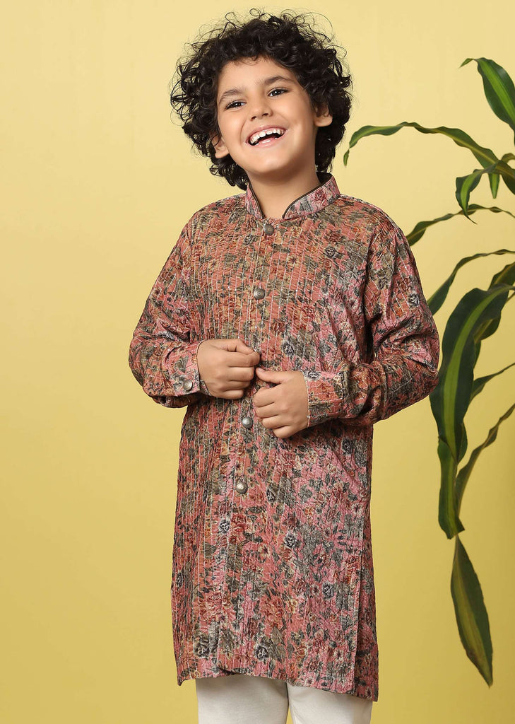 Kalki Rose Red Boys Kurta Set In Silk With Floral Print