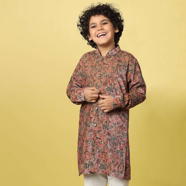 Kalki Rose Red Boys Kurta Set In Silk With Floral Print