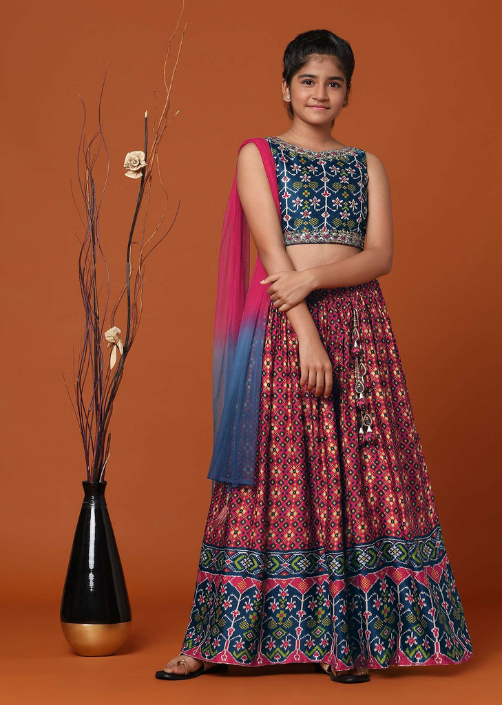 Kalki Royal Blue Embroidered Lehenga And Blouse Set In Patola Silk For Girls