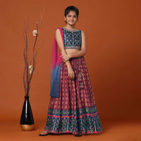 Kalki Royal Blue Embroidered Lehenga And Blouse Set In Patola Silk For Girls