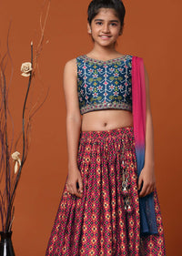 Kalki Royal Blue Embroidered Lehenga And Blouse Set In Patola Silk For Girls