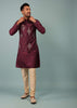 Burgundy Red Bandi Jacket Set In Raw Silk With Multicolor Floral Butti & Aari Embroidery
