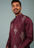 Burgundy Red Bandi Jacket Set In Raw Silk With Multicolor Floral Butti & Aari Embroidery