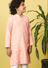 Kalki Salmon Pink Kurta Set With Threadwork For Boys