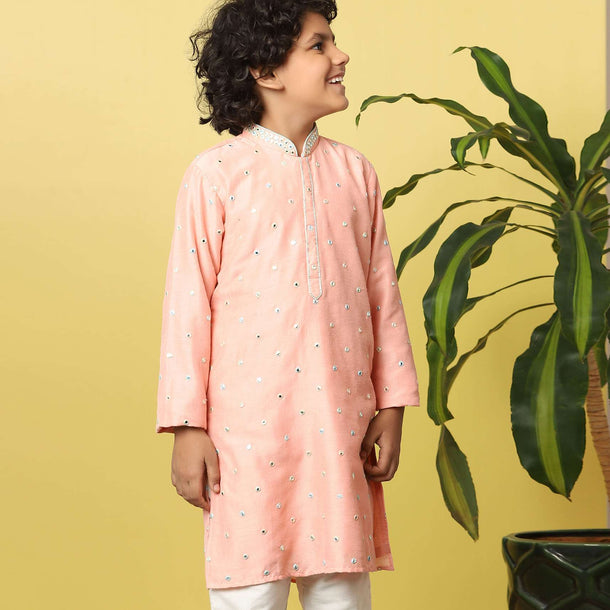 Kalki Salmon Pink Kurta Set With Threadwork For Boys