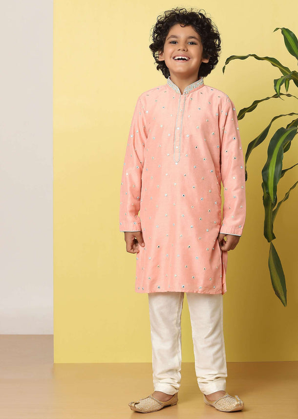 Kalki Salmon Pink Kurta Set With Threadwork For Boys