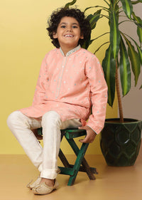 Kalki Salmon Pink Kurta Set With Threadwork For Boys