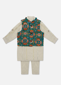 Kalki Sea Green Printed Jacket Kurta Set In Cotton For Boys