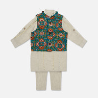 Kalki Sea Green Printed Jacket Kurta Set In Cotton For Boys