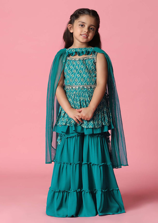 Kalki Sea Blue Embroidered Palazzo And Kurta Set In Georgette For Girls