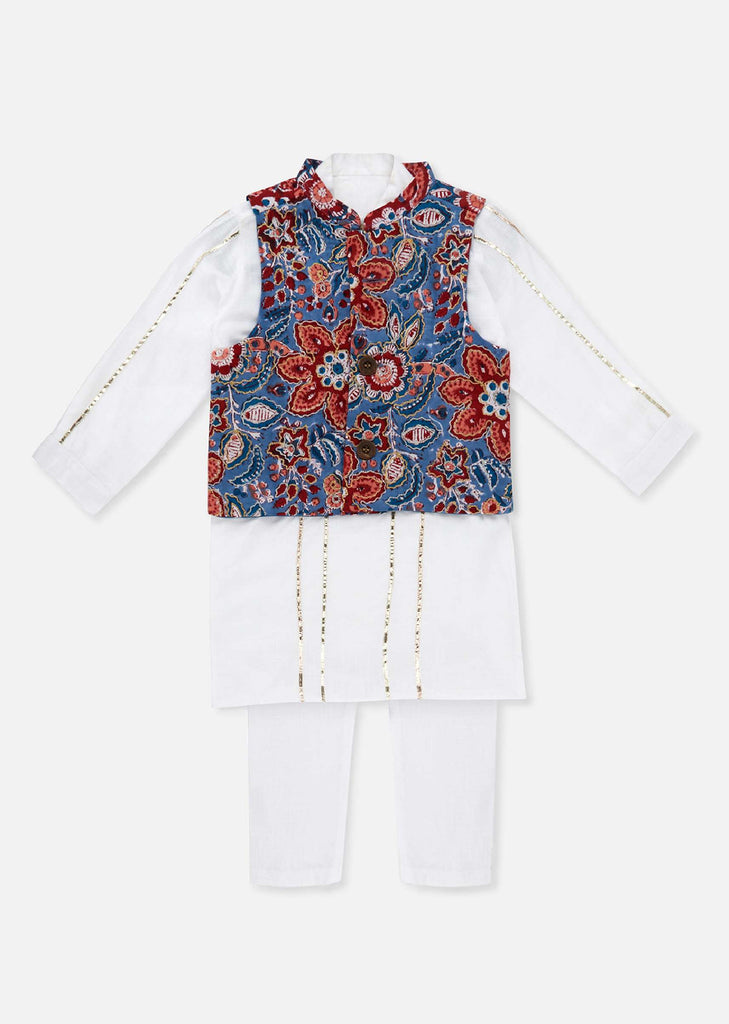 Kalki Sea Blue Floral Printed Kurta Jacket Set In Cotton For Boys