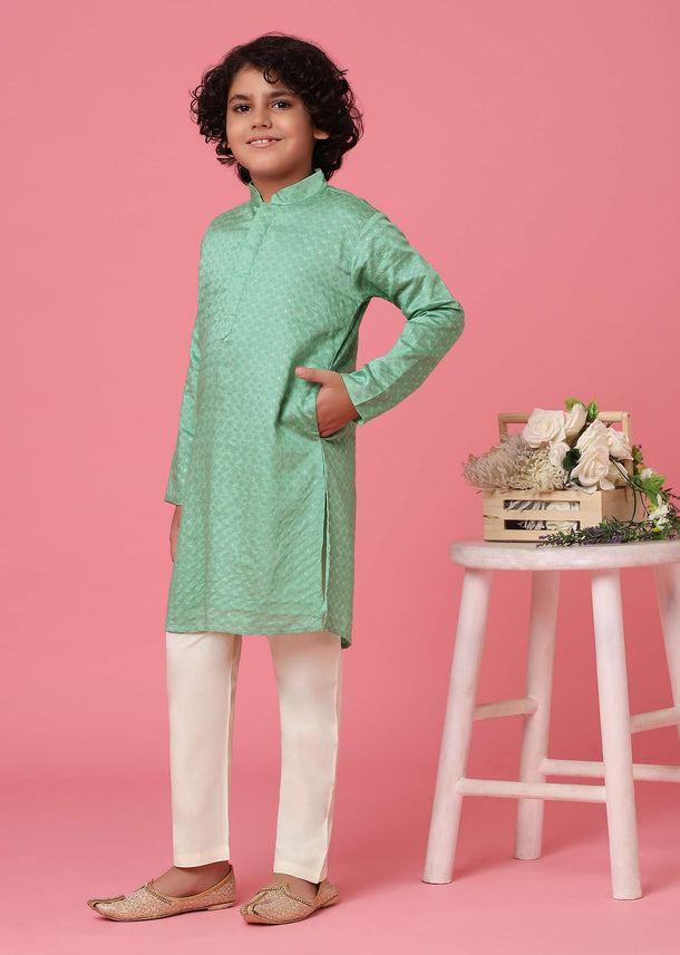 KALKI Sea Green Silk Kurta Set For Boys