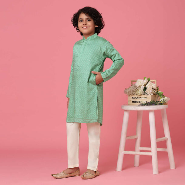 KALKI Sea Green Silk Kurta Set For Boys