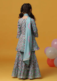 Kalki Sea Green Embroidered Kurta And Sharara Set In Cotton For Girls