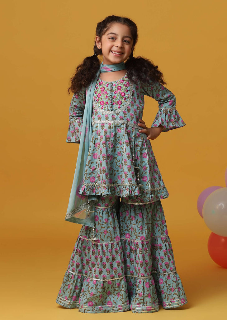 Kalki Sea Green Embroidered Kurta And Sharara Set In Cotton For Girls