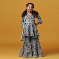 Kalki Sea Green Embroidered Kurta And Sharara Set In Cotton For Girls