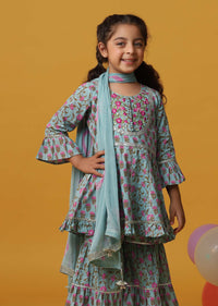 Kalki Sea Green Embroidered Kurta And Sharara Set In Cotton For Girls