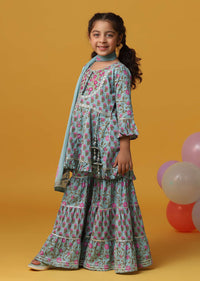 Kalki Sea Green Embroidered Kurta And Sharara Set In Cotton For Girls