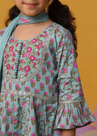 Kalki Sea Green Embroidered Kurta And Sharara Set In Cotton For Girls