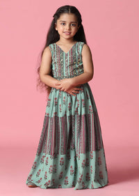 Kalki Sea Green Embroidered Jumpsuit In Georgette With Floral Print For Girls