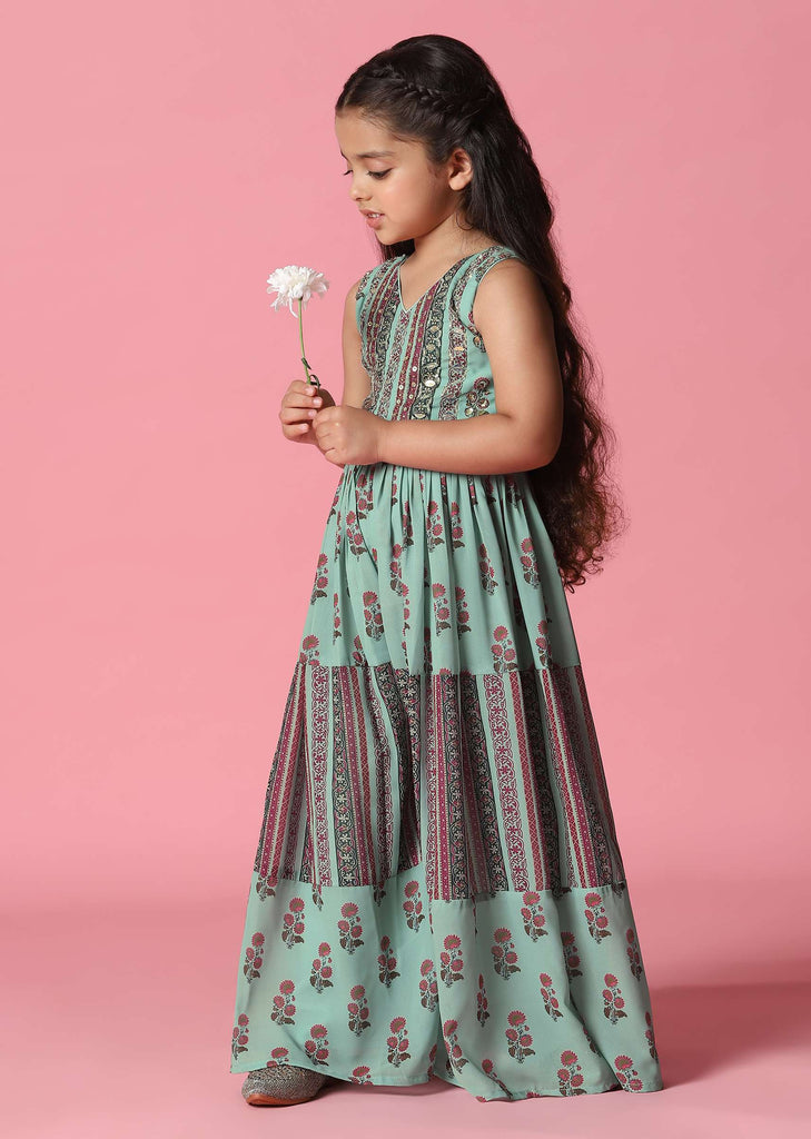 Kalki Sea Green Embroidered Jumpsuit In Georgette With Floral Print For Girls