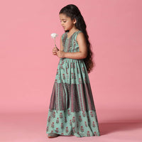 Kalki Sea Green Embroidered Jumpsuit In Georgette With Floral Print For Girls