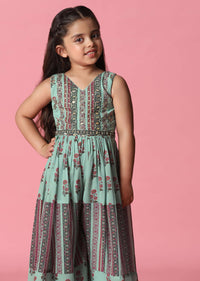 Kalki Sea Green Embroidered Jumpsuit In Georgette With Floral Print For Girls