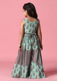 Kalki Sea Green Embroidered Jumpsuit In Georgette With Floral Print For Girls