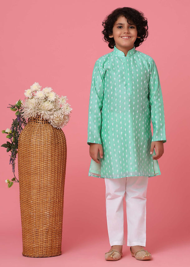 KALKI Sea Green Kurta Set In With Thread Embroidery For Boys