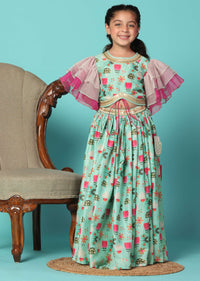 Kalki Sea Green Top And Lehenga Set In Cotton Silk For Girls