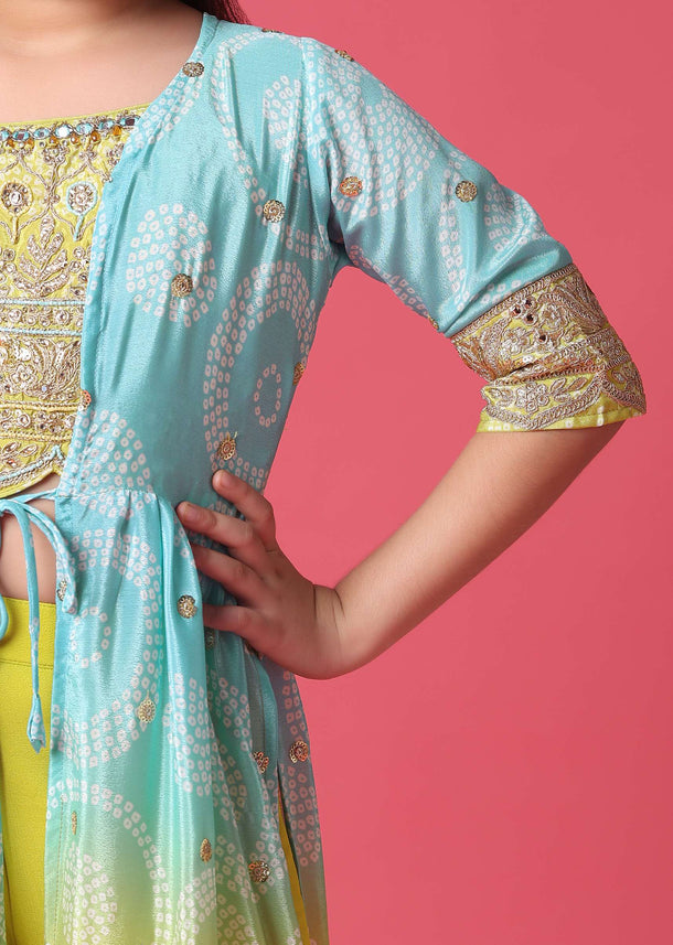 KALKI Shaded Blue Embroidered Palazzo And Top Set With Jacket For Girls