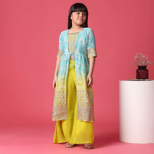 KALKI Shaded Blue Embroidered Palazzo And Top Set With Jacket For Girls