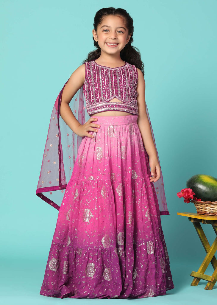 Kalki Shaded Pink Embroidered Lehenga And Blouse Set In Georgette For Girls