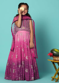 Kalki Shaded Pink Embroidered Lehenga And Blouse Set In Georgette For Girls