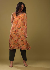 Carrot Orange Palazzo Suit In Organza With Vintage Floral Print
