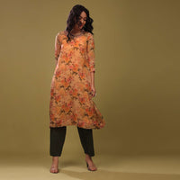 Carrot Orange Palazzo Suit In Organza With Vintage Floral Print