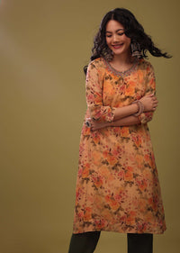 Carrot Orange Palazzo Suit In Organza With Vintage Floral Print