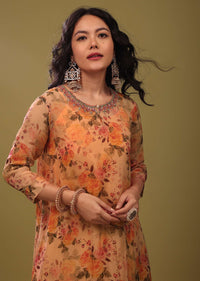Carrot Orange Palazzo Suit In Organza With Vintage Floral Print