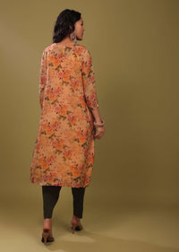 Carrot Orange Palazzo Suit In Organza With Vintage Floral Print